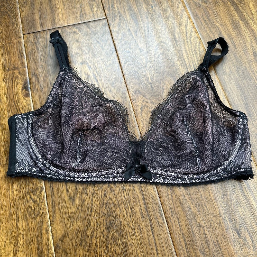 Victoria’s Secret 34D Very Sexy Unlined Plunge pink black mesh lace bra
